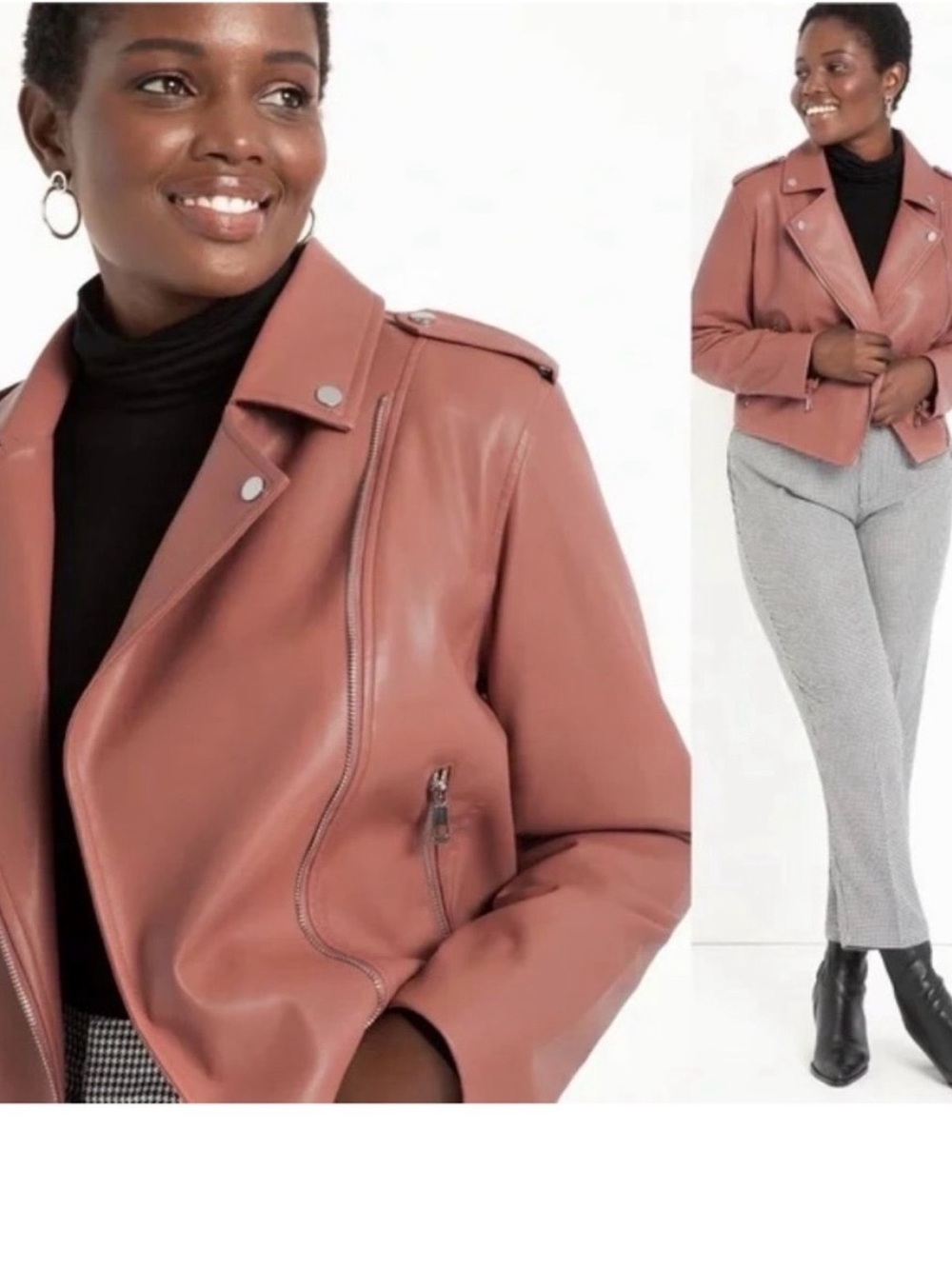 Eloquii Cropped Jacket Sz 18/20 Faux Leather Rose Mauve Silver Zipper Detail